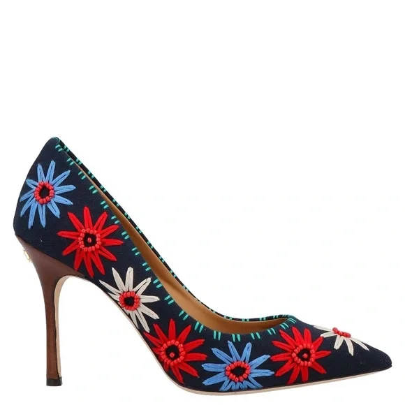 Tory Burch Navy Heels with Floral Embroidery - Picture 3 of 10